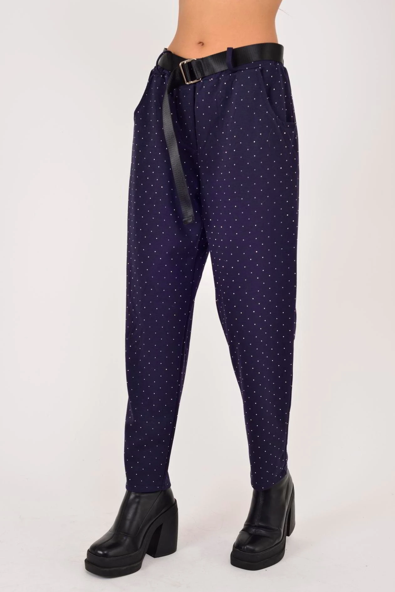 İtalyan Kemer Detaylı Taş İşlemeli Pantolon - LACİVERT