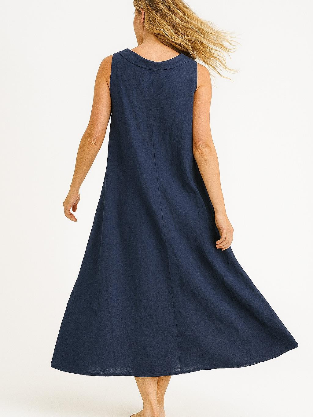 İtalyan Yaka Detaylı Keten Elbise - LACİVERT