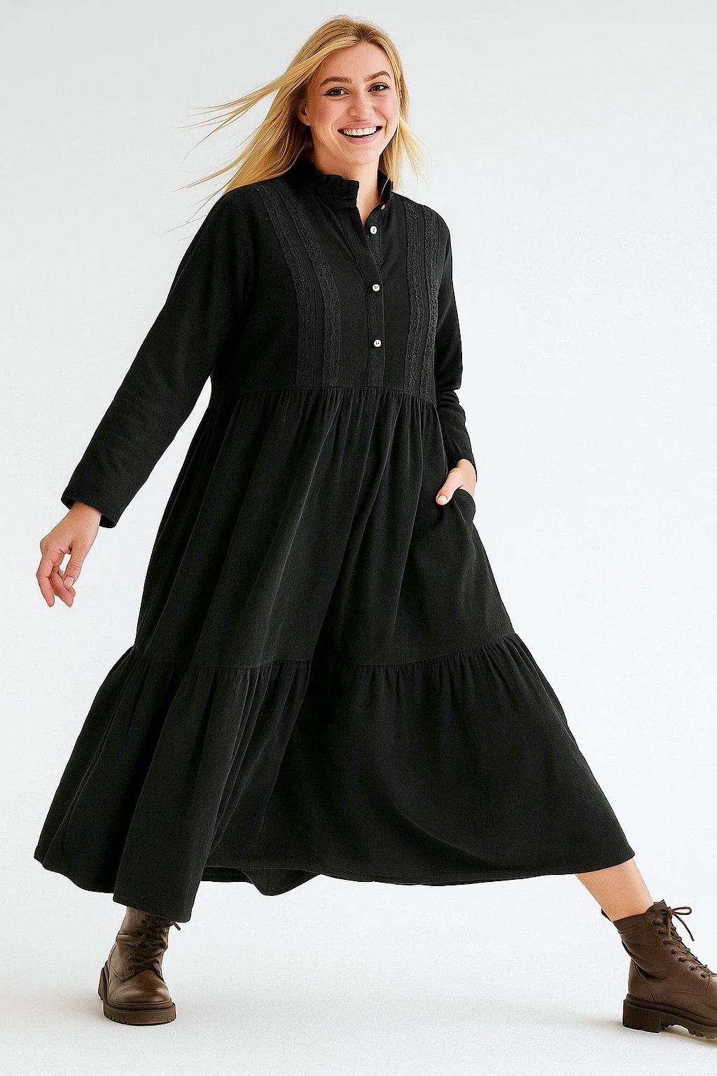 İtalyan Düğme Detaylı Kadife Elbise - SİYAH