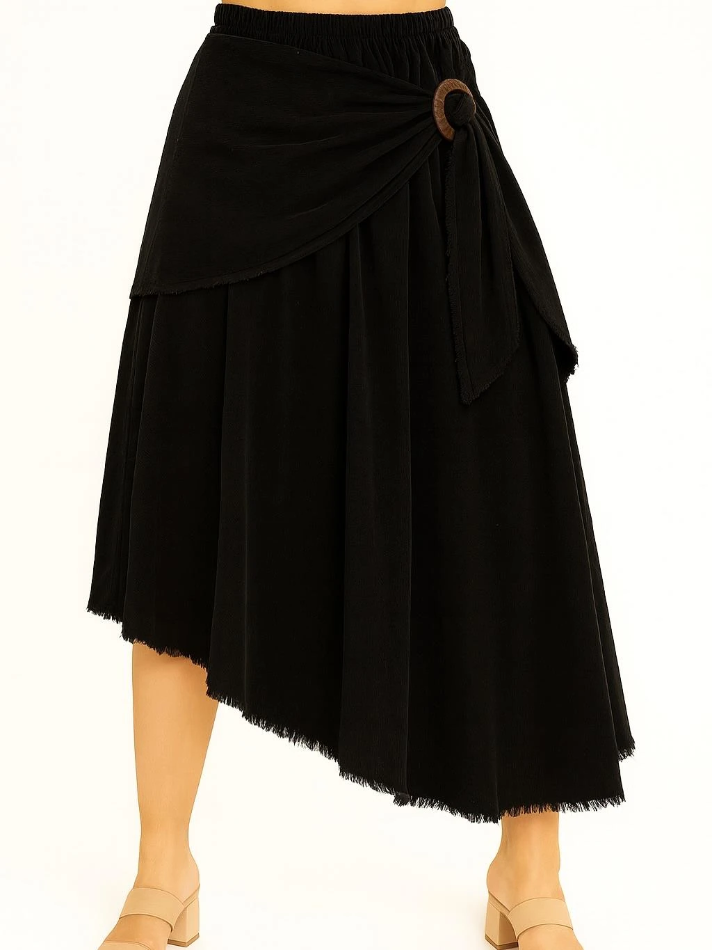 İtalyan Kadife Önden Bağlamalı Etek - SİYAH