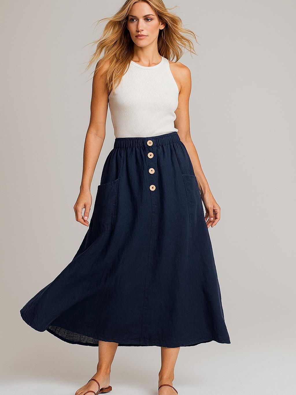 İtalyan Keten Etek - LACİVERT