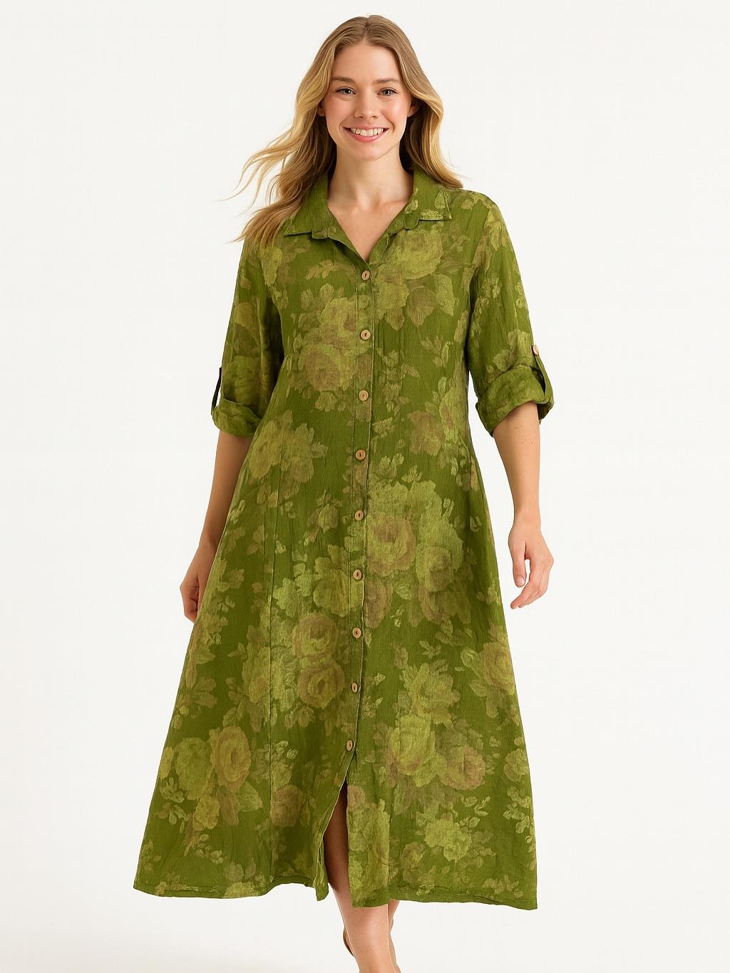 İtalyan Keten Çiçek Desenli Elbise - YEŞİL