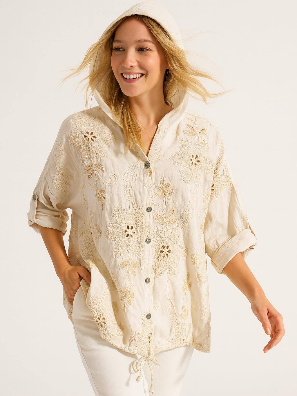 İtalyan Pamuk İşlemeli Kapüşonlu Gömlek - BEJ