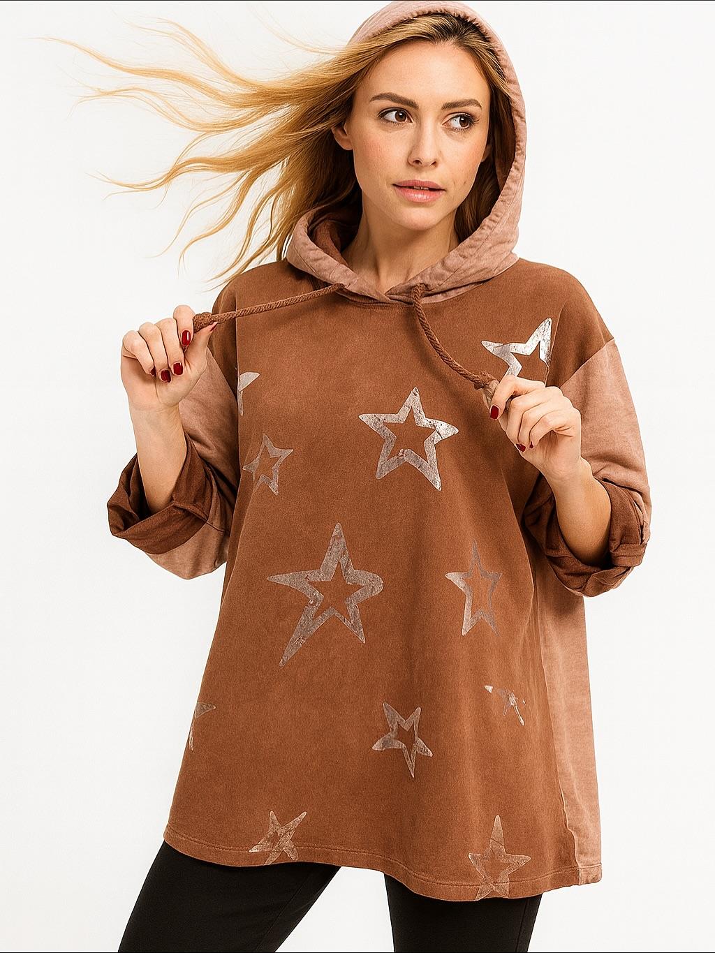 İtalyan Yıldız Desen Nubuk Bluz - KOYU KAHVE