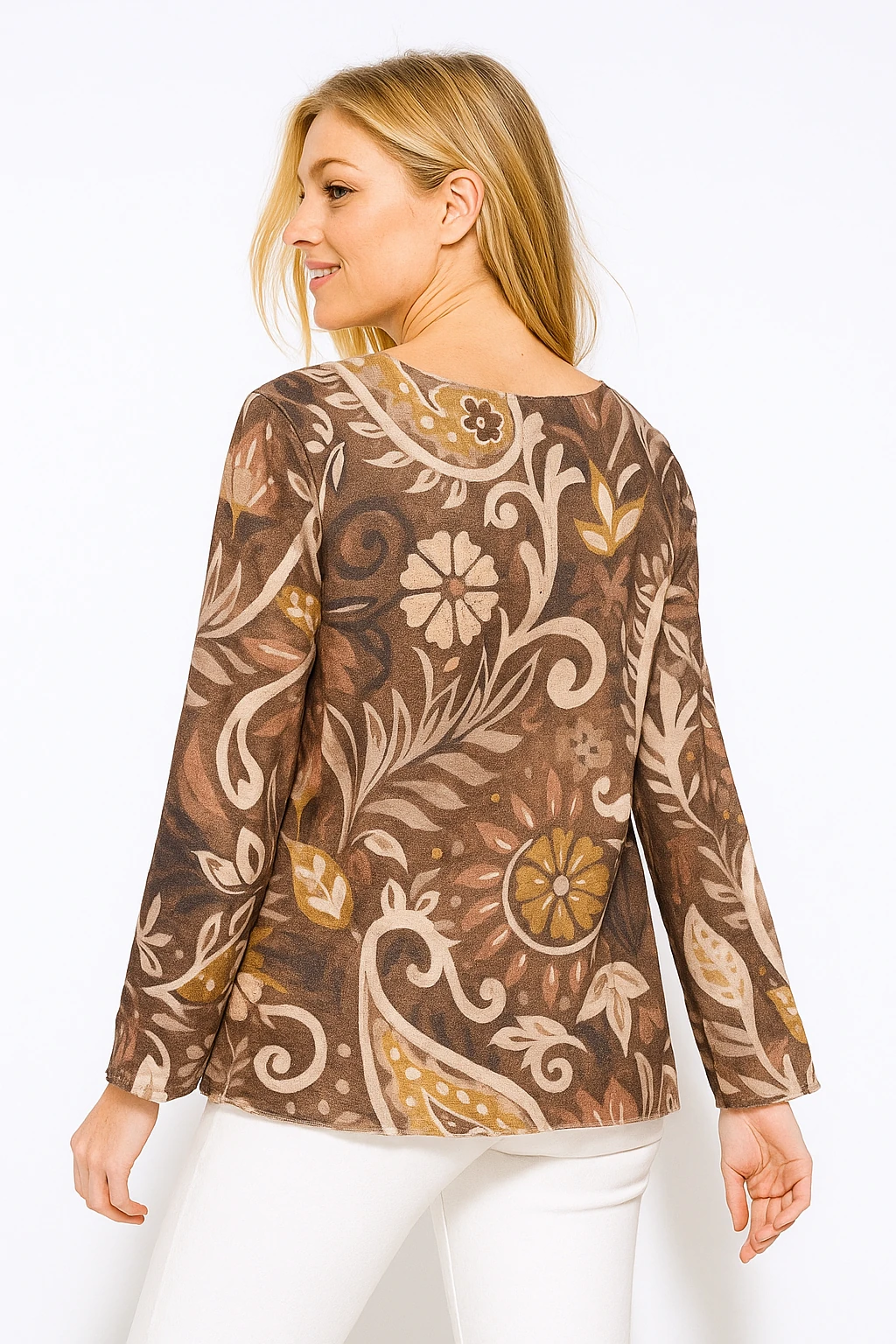 İtalyan Yaprak Desenli Geniş Yaka Triko Bluz - KAHVE