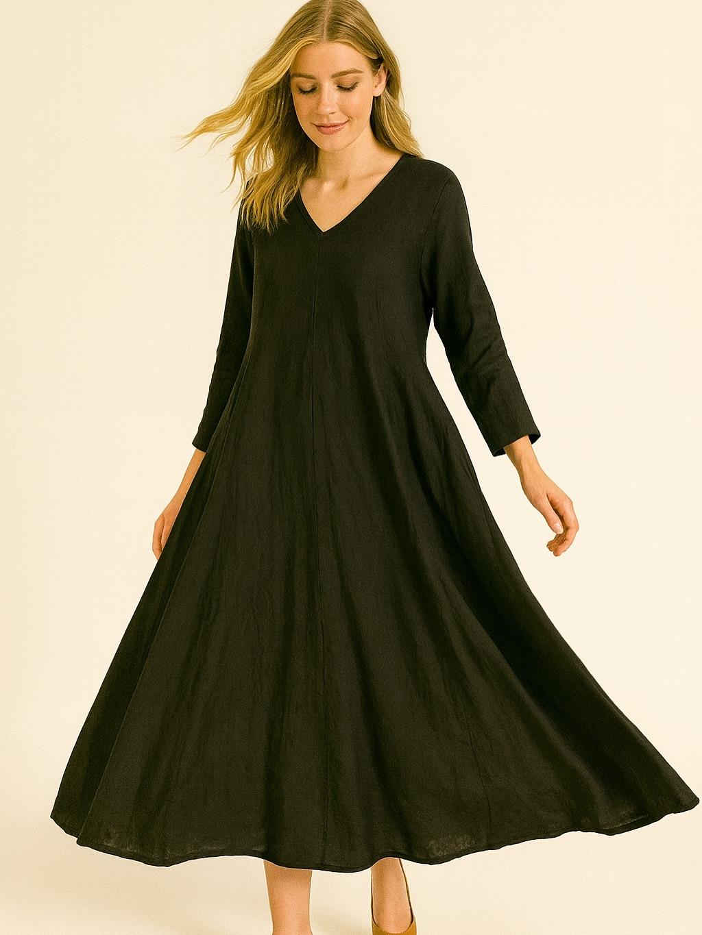 İtalyan Keten V Yaka Elbise - SİYAH