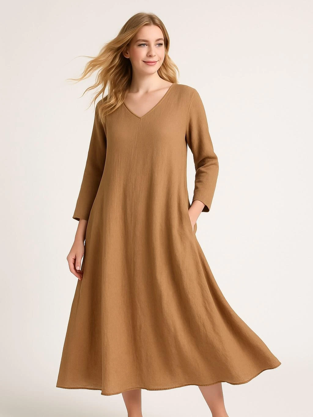 İtalyan Keten V Yaka Elbise - BAL