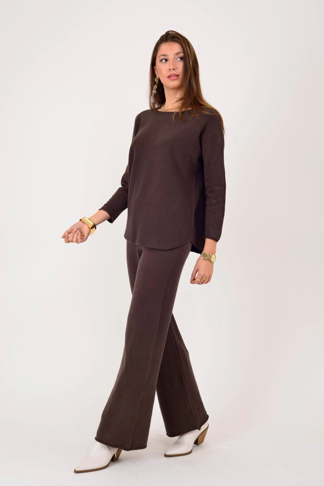 İtalyan Bisiklet Yaka 2'Li Triko Takım - KAHVERENGİ