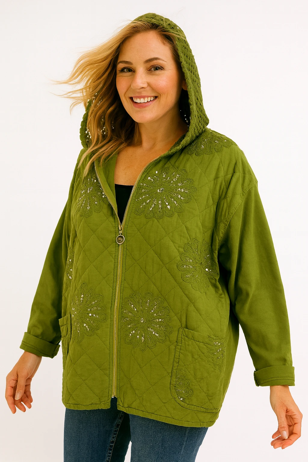 İtalyan Kapitone Nakış Detaylı Ceket - YEŞİL