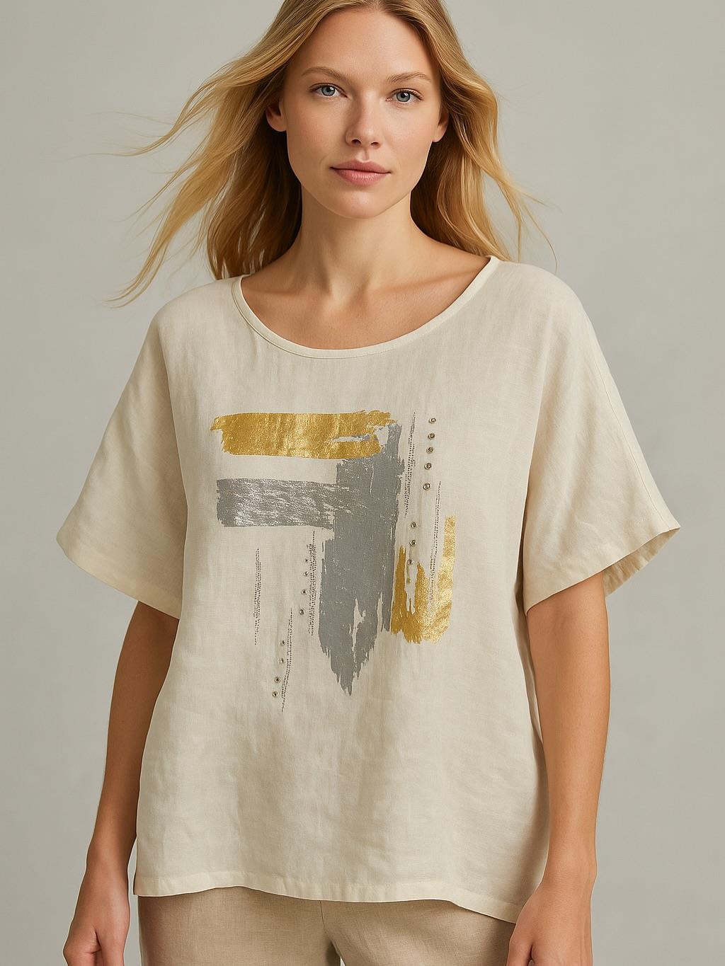 İtalyan Keten Desenli Bluz - BEYAZ