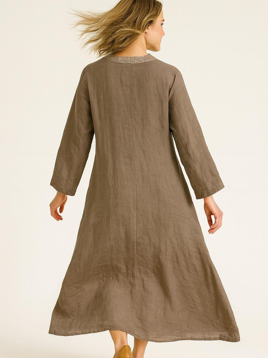 İtalyan Keten Pul Payet Detaylı Elbise - KAHVERENGİ