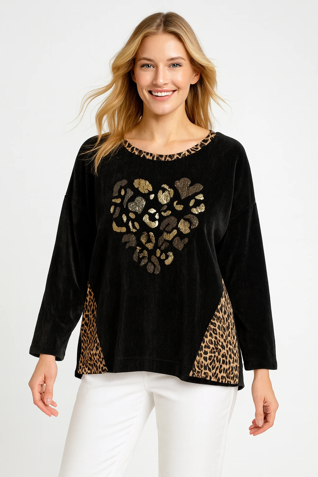 İtalyan Kalp Desenli Kadife Bluz - SİYAH