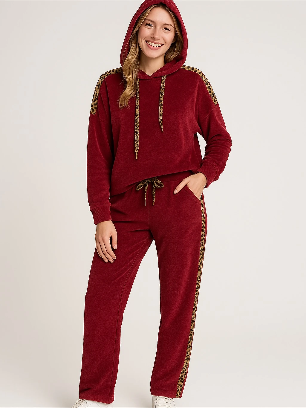 İtalyan Leopar Desenli Kadife Takım - BORDO