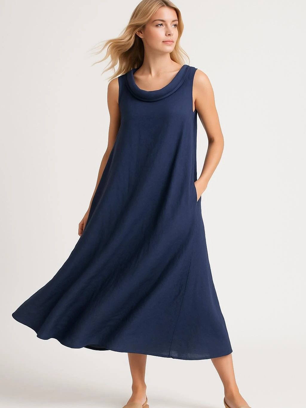 İtalyan Yaka Detaylı Keten Elbise - LACİVERT