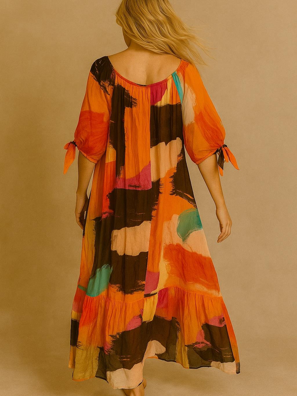 İtalyan Fırça Desenli İpek Elbise - TURUNCU