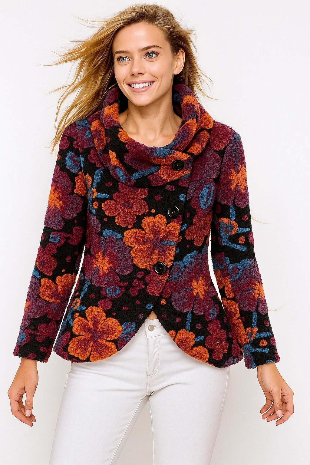 İtalyan Çiçek Kabartmalı Keçe Kaban - SİYAH