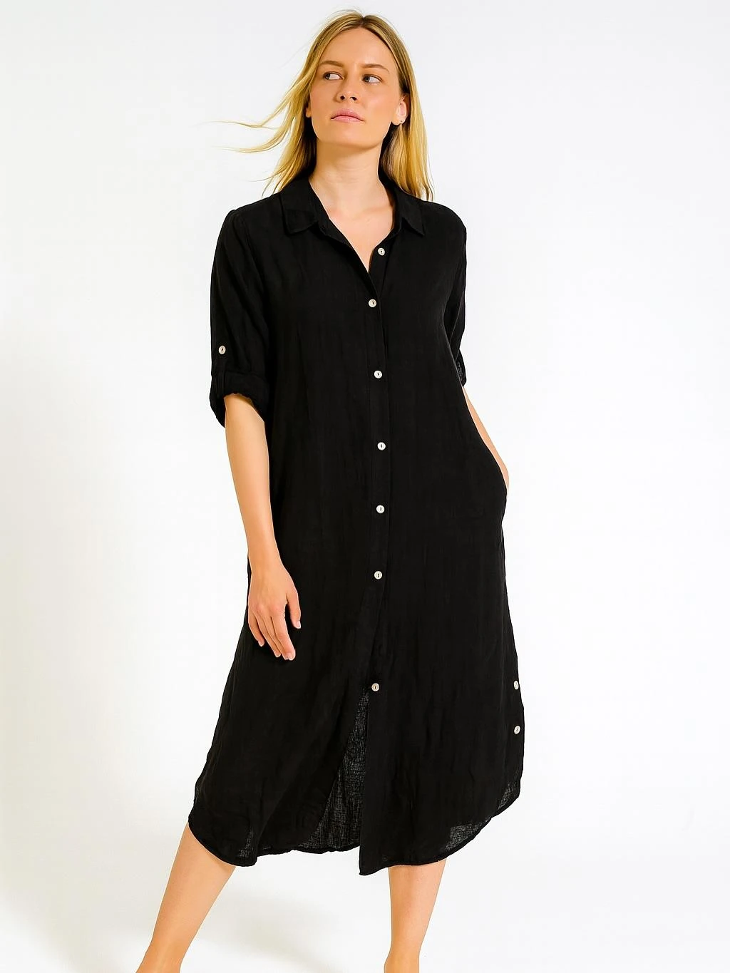 İtalyan Keten Sırtı Dantelli Elbise - SİYAH