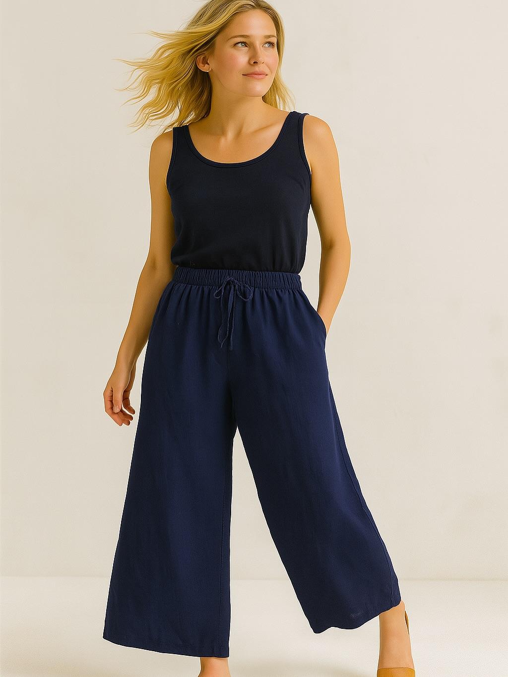 İtalyan Keten Boru Paça Pantolon - LACİVERT