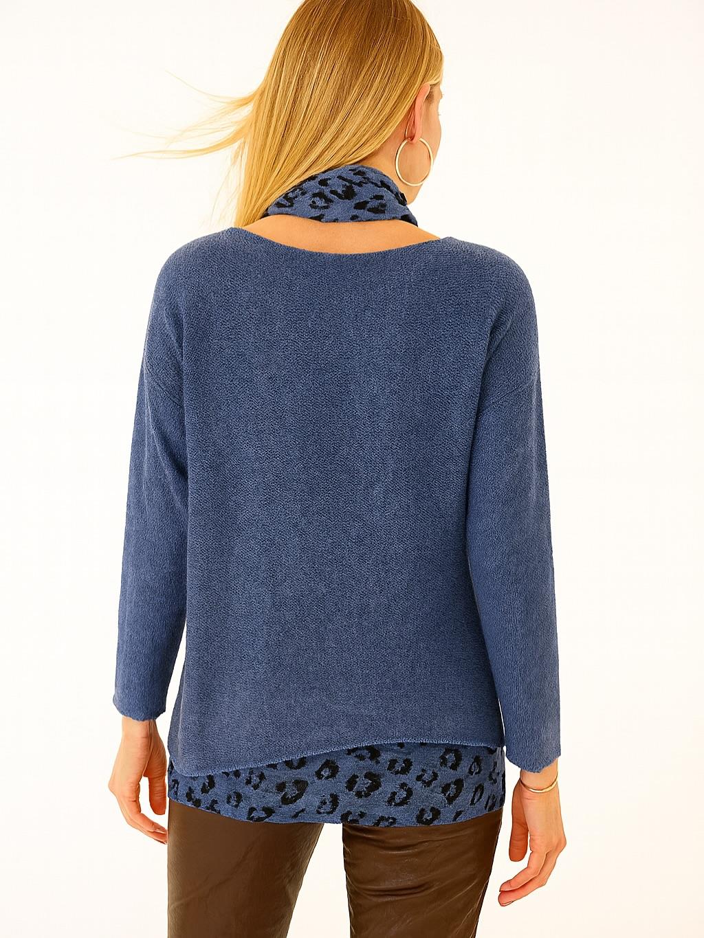 İtalyan Fularlı Triko Takım Bluz - MAVİ