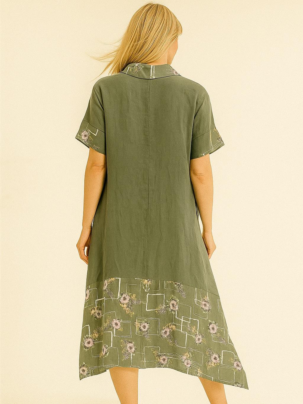 İtalyan Çiçek Desenli Keten Elbise - HAKİ