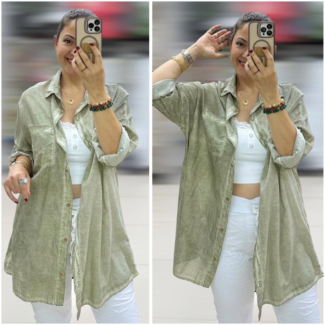 İtalyan Taşlanmış Pamuklu Coton Gömlek - HAKİ