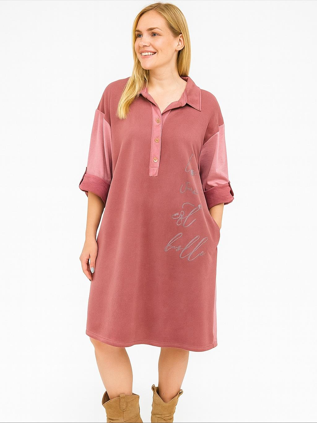 İtalyan Yazı Detaylı Nubuk Elbise - PUDRA PEMBE