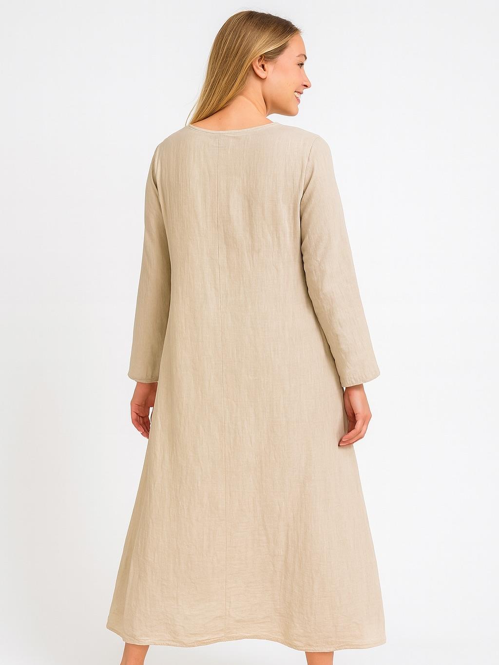 İtalyan Keten Dikiş Detaylı Elbise - BEJ