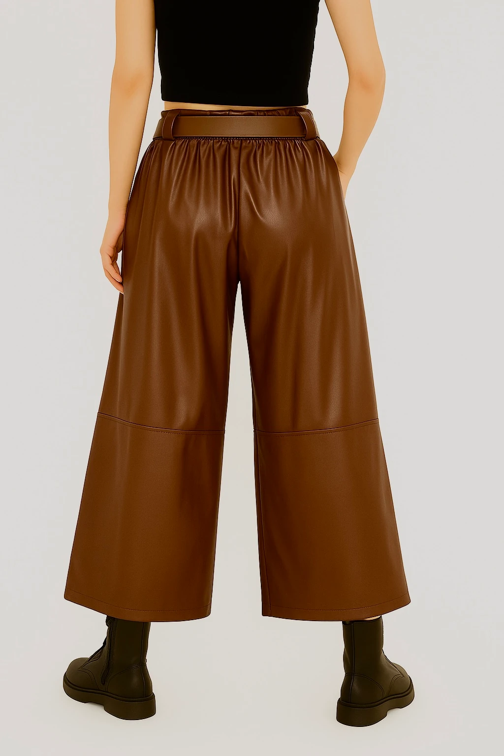 İtalyan Geniş Paça Deri Pantolon - KAHVE