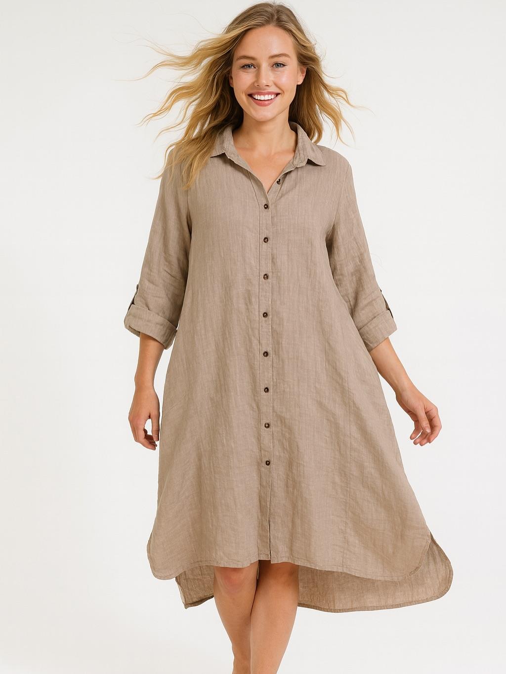 İtalyan Keten Gömlek Elbise - BEJ