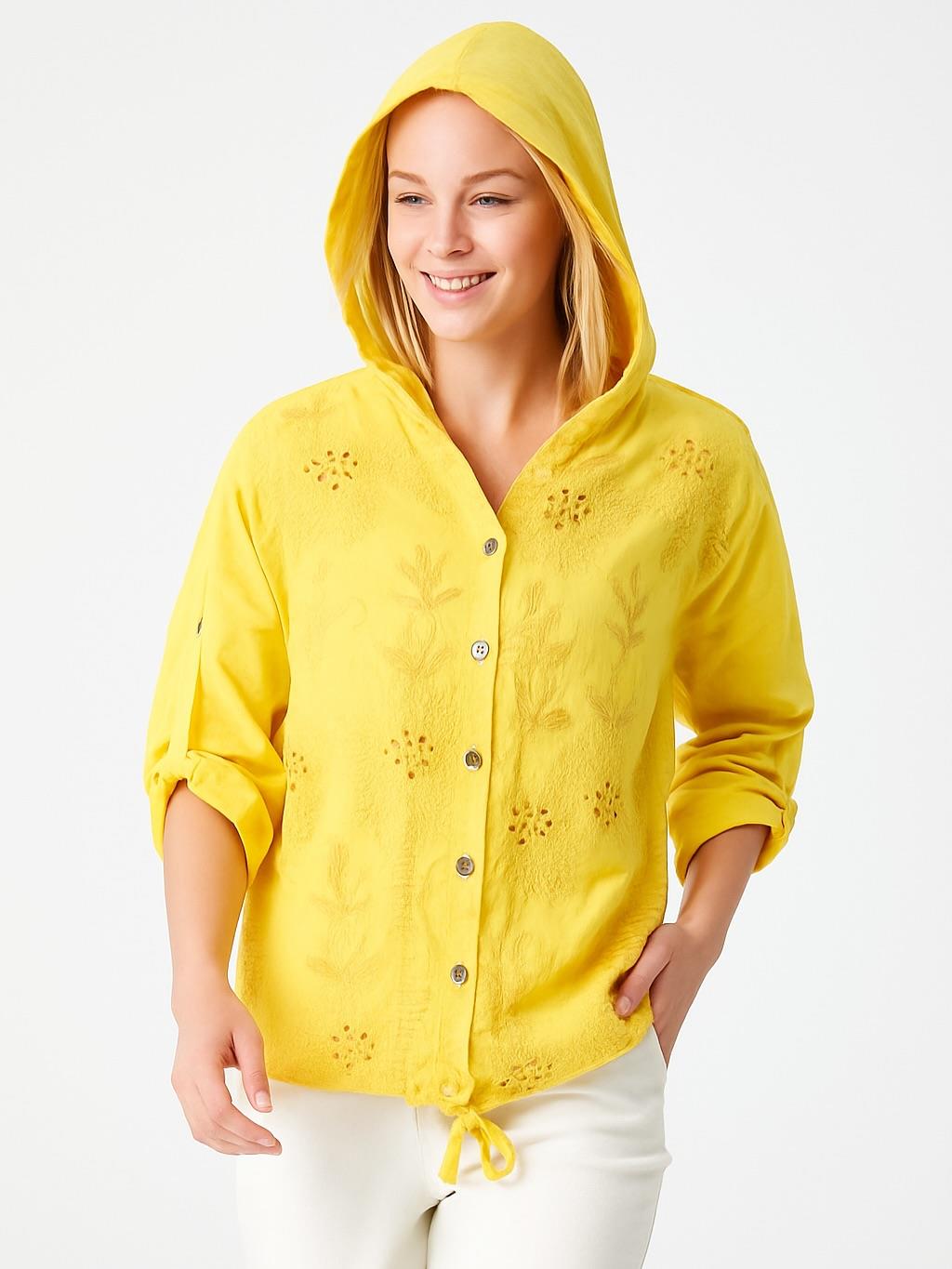 İtalyan Pamuk İşlemeli Kapüşonlu Gömlek - SARI