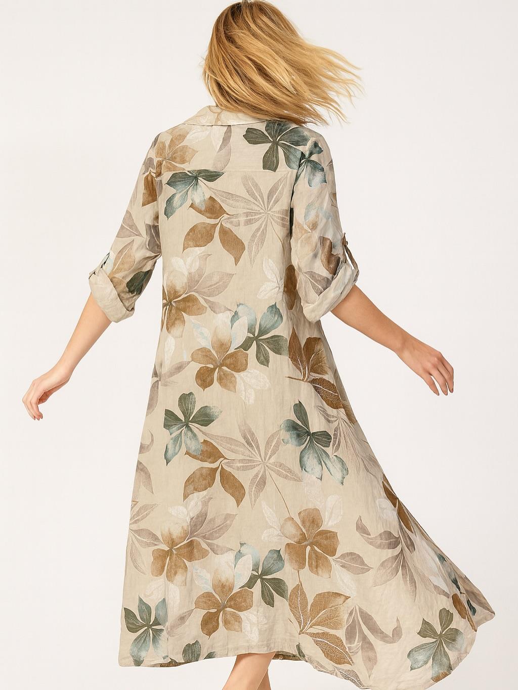 İtalyan Keten Yaprak Desenli Elbise - BEJ