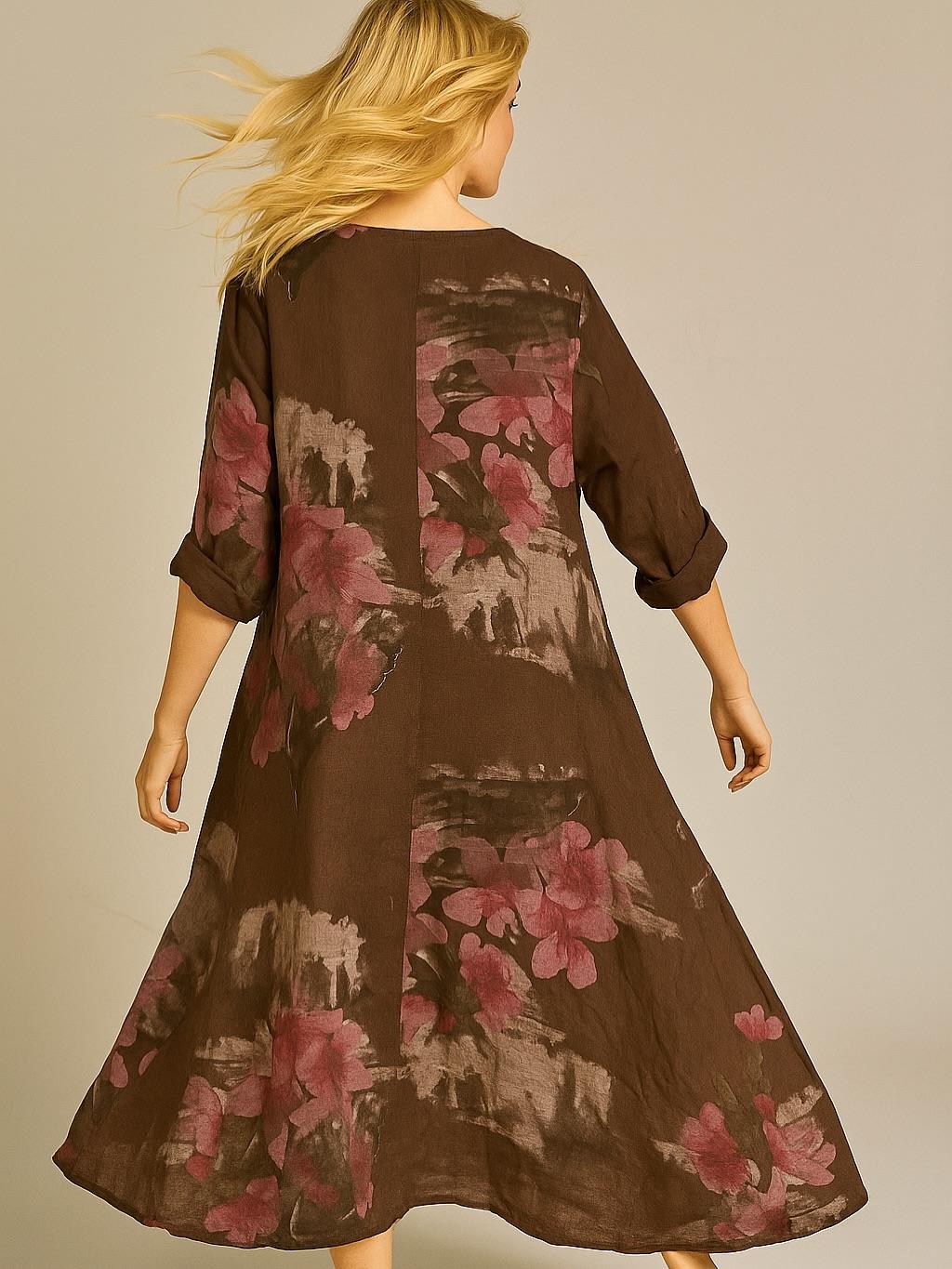 İtalyan Çiçek Desenli Keten Elbise - KAHVERENGİ