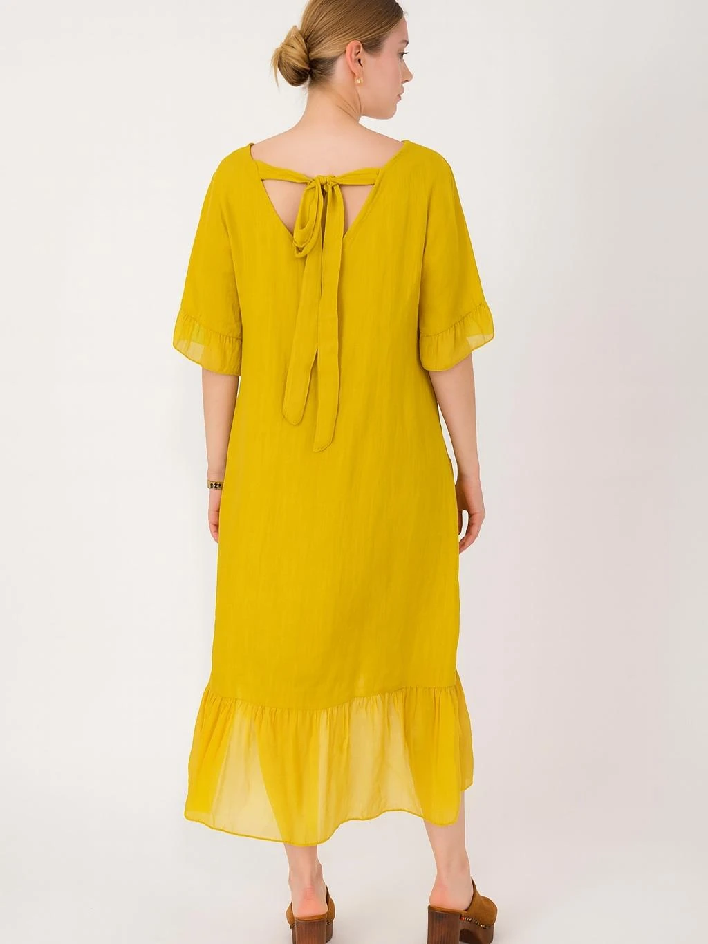İtalyan Keten İpek Detaylı Elbise - SARI