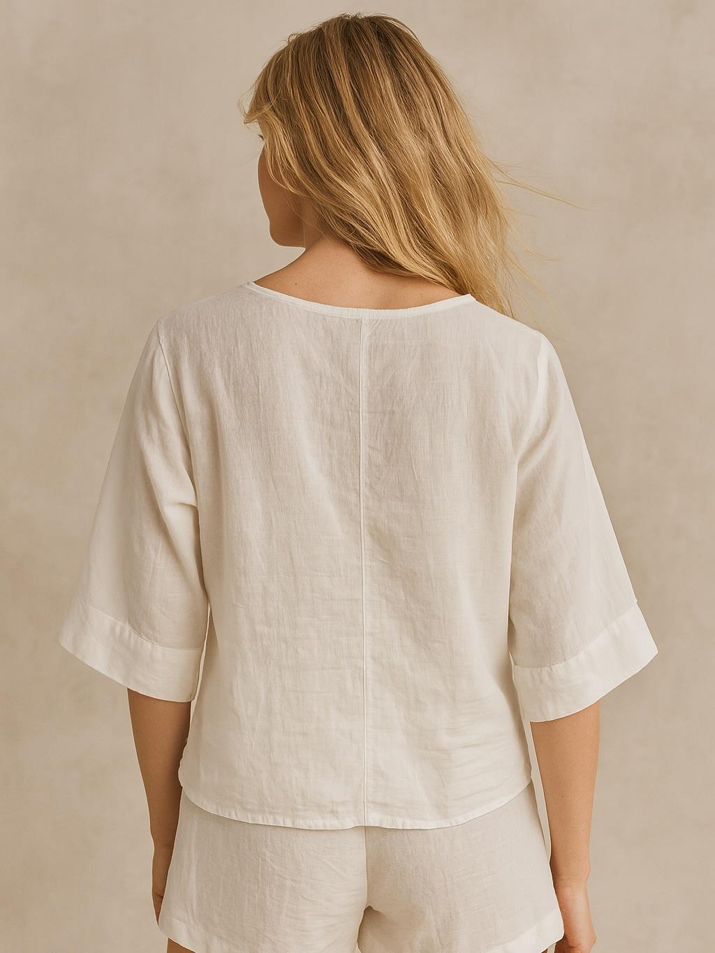 İtalyan Vual Pamuklu Kumaş Önden Bağlamalı Bluz - BEYAZ