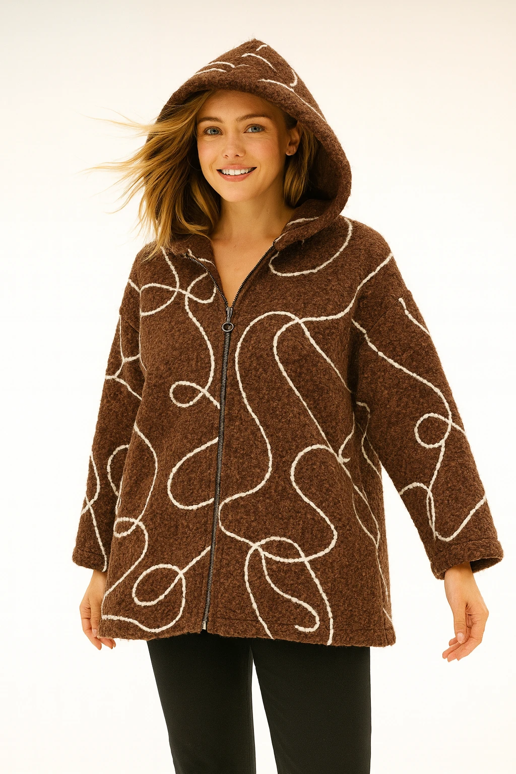 İtalyan Kapüşonlu Keçe Ceket - KAHVERENGİ