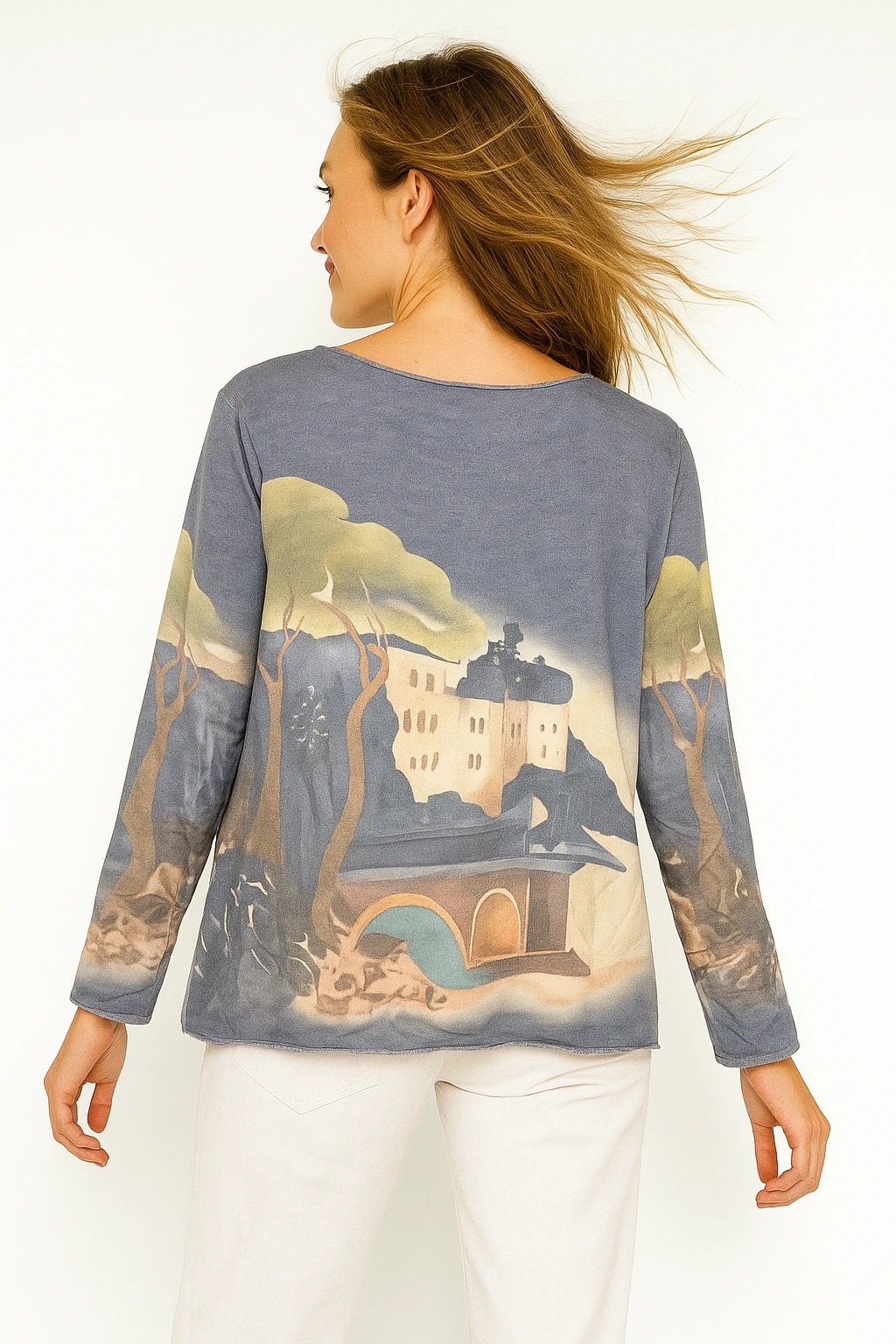 İtalyan Desenli V Yaka Triko Bluz - GRİ