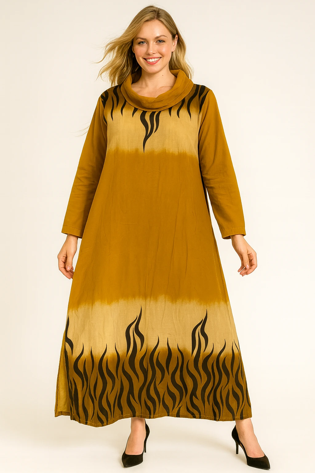 İtalyan Degaje Yaka Kadife Elbise - HARDAL