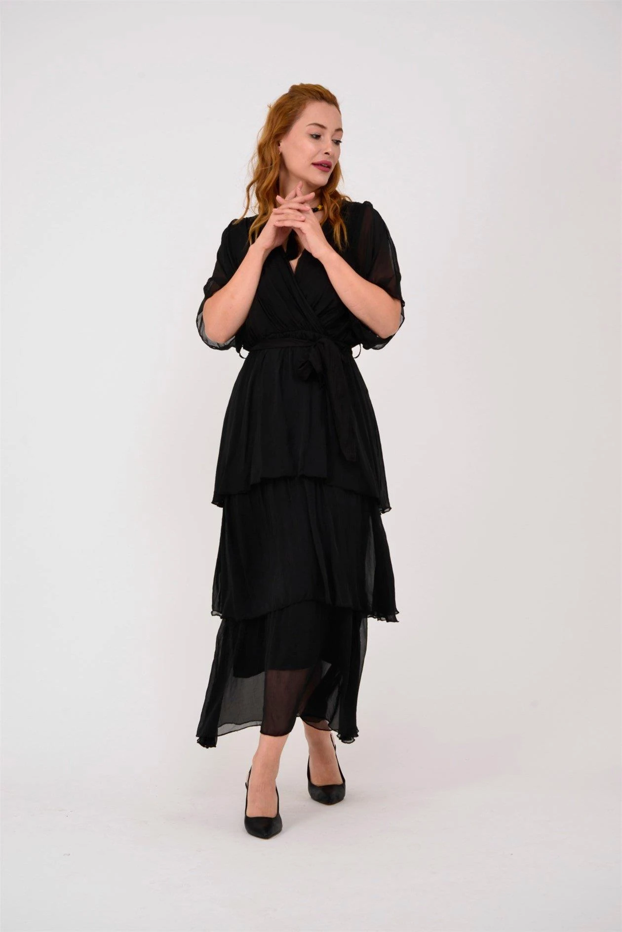 İtalyan İpek Belden Bağlamalı Elbise - SİYAH