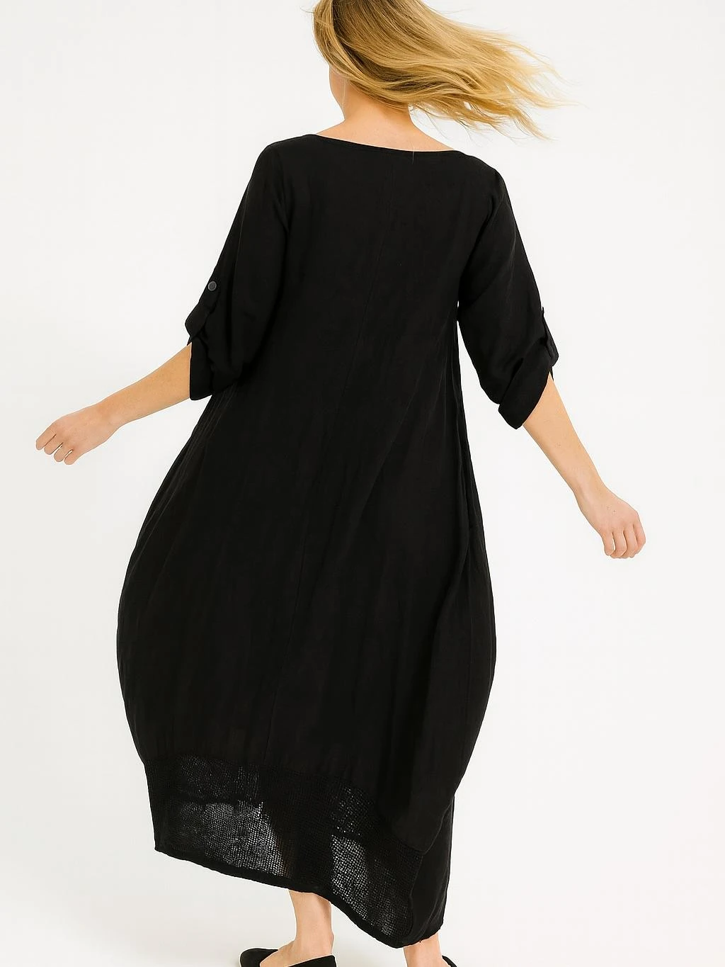 İtalyan Keten Dikiş Detaylı Elbise - SİYAH