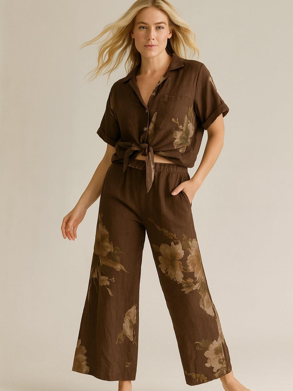 İtalyan Sırt Dantel Detaylı Keten Takım - KAHVERENGİ