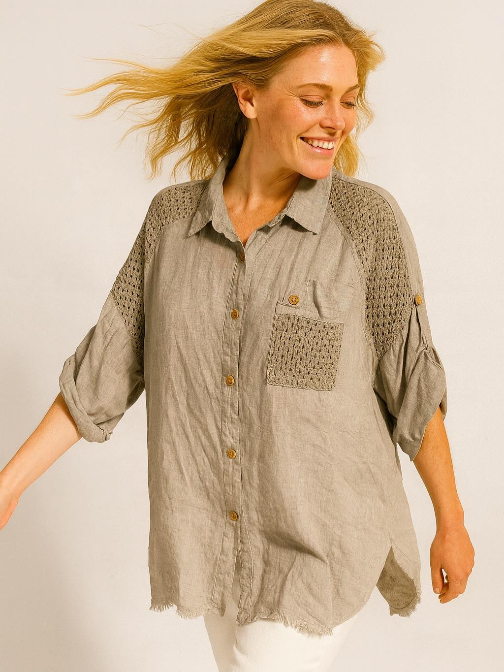 İtalyan Keten Dantel Detaylı Gömlek - VİZON