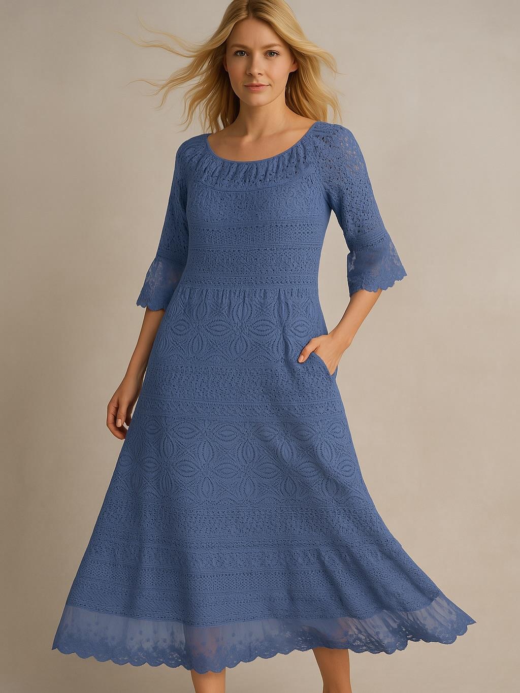 İtalyan Dantel Elbise - MAVİ