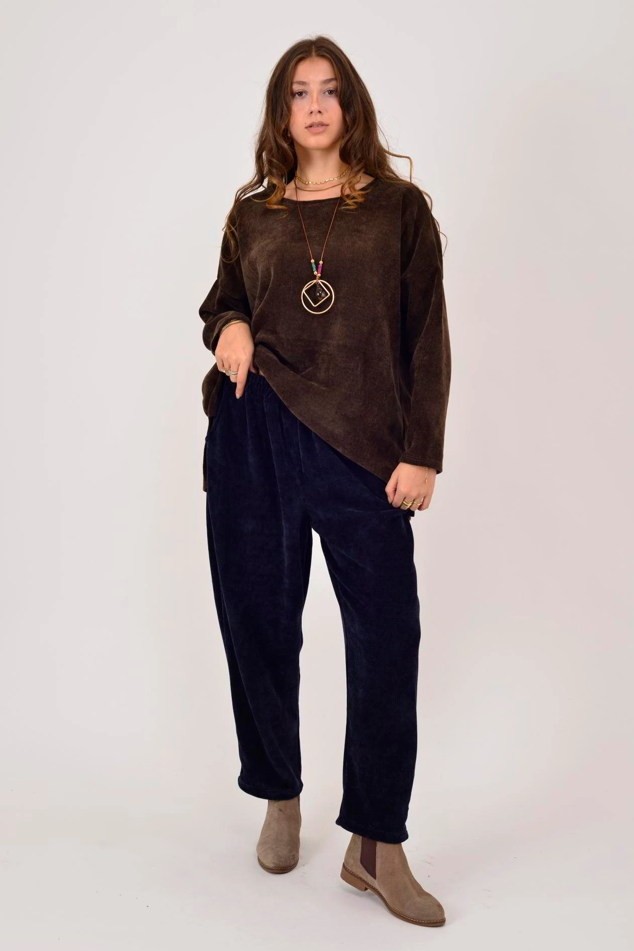 İtalyan Cep Detaylı Fitilli Kadife Pantolon - LACİVERT