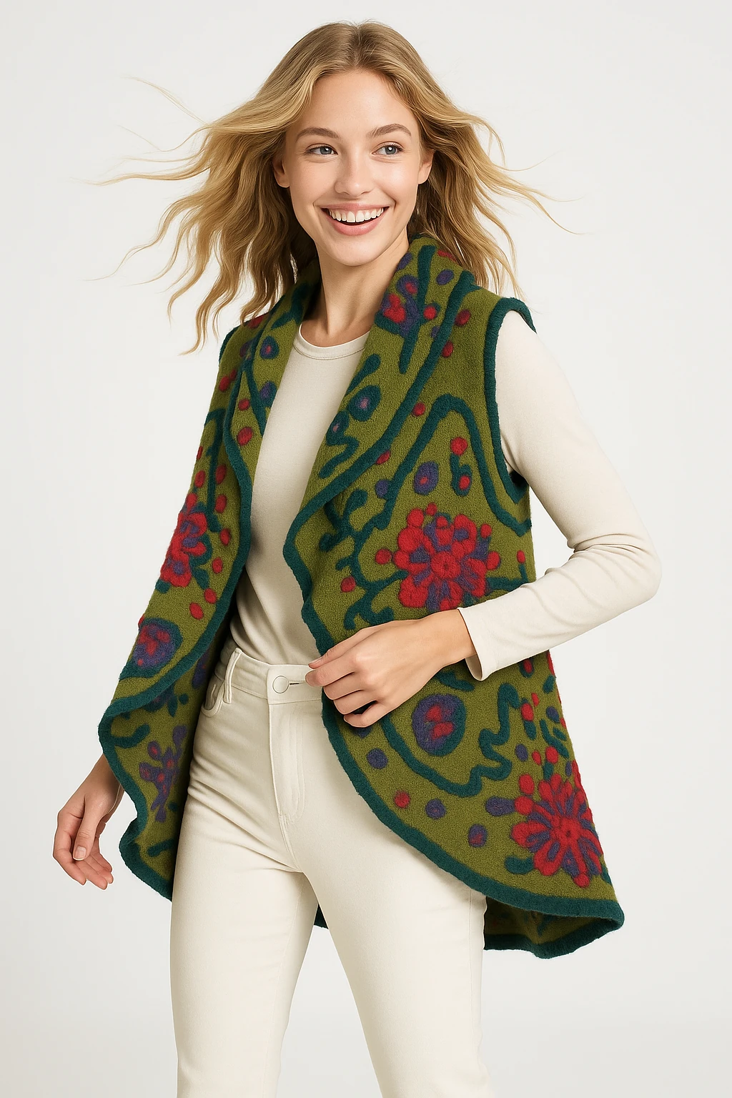 İtalyan Çiçek Kabartmalı Keçe Yelek - HAKİ