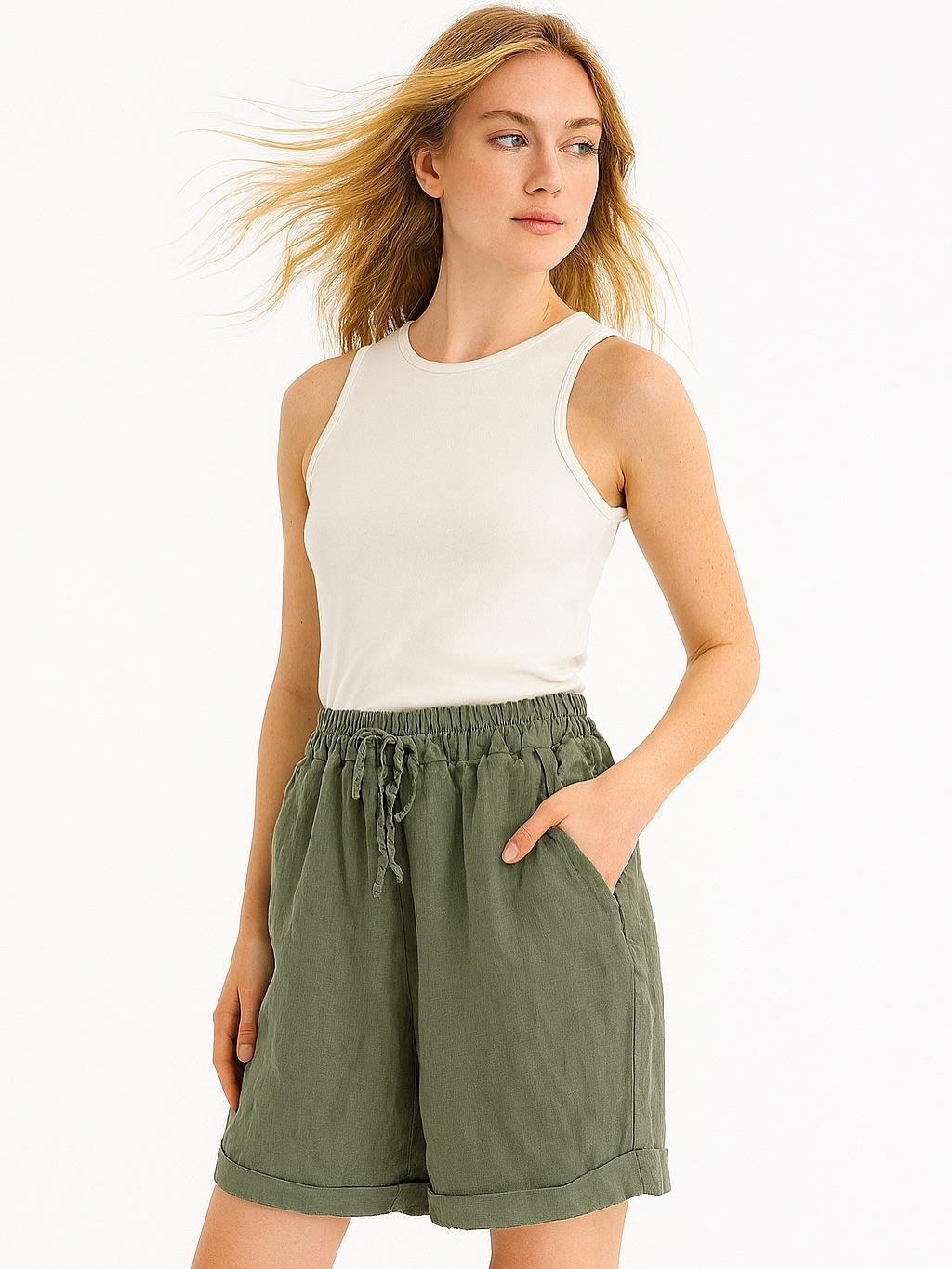 İtalyan Keten Şort - HAKİ