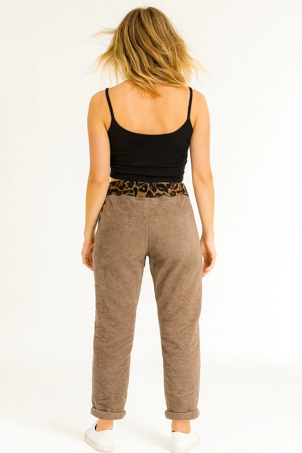İtalyan Leopar Detaylı Kadife Pantolon - KAHVE