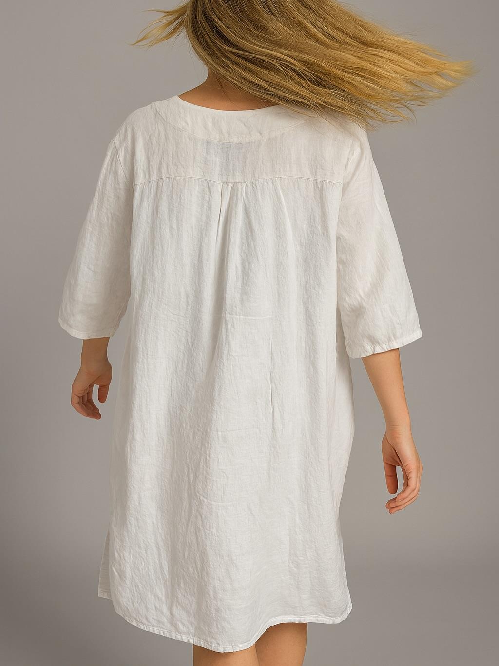 İtalyan Keten Elbise - BEYAZ