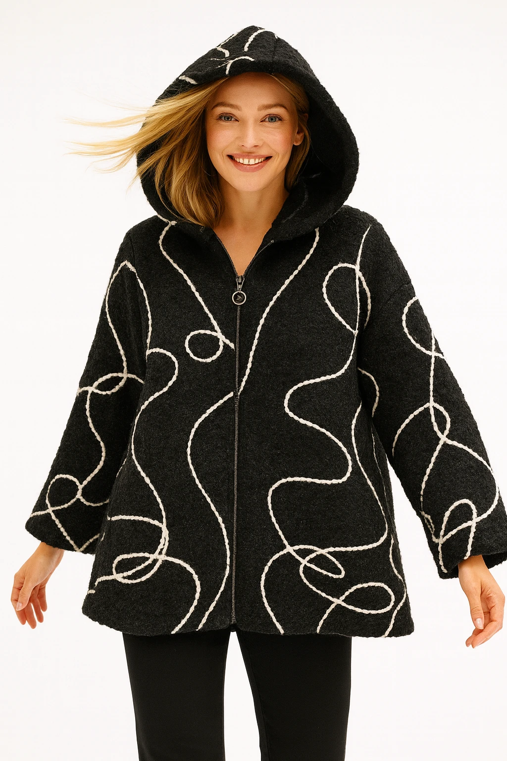 İtalyan Kapüşonlu Keçe Ceket - SİYAH