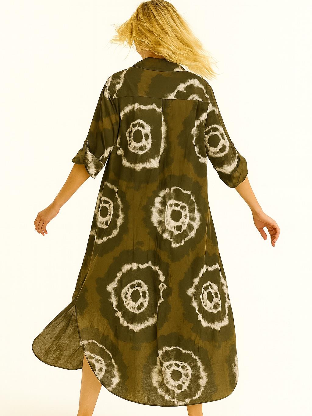 İtalyan Pamuk Dalga Desen Elbise - KAHVE