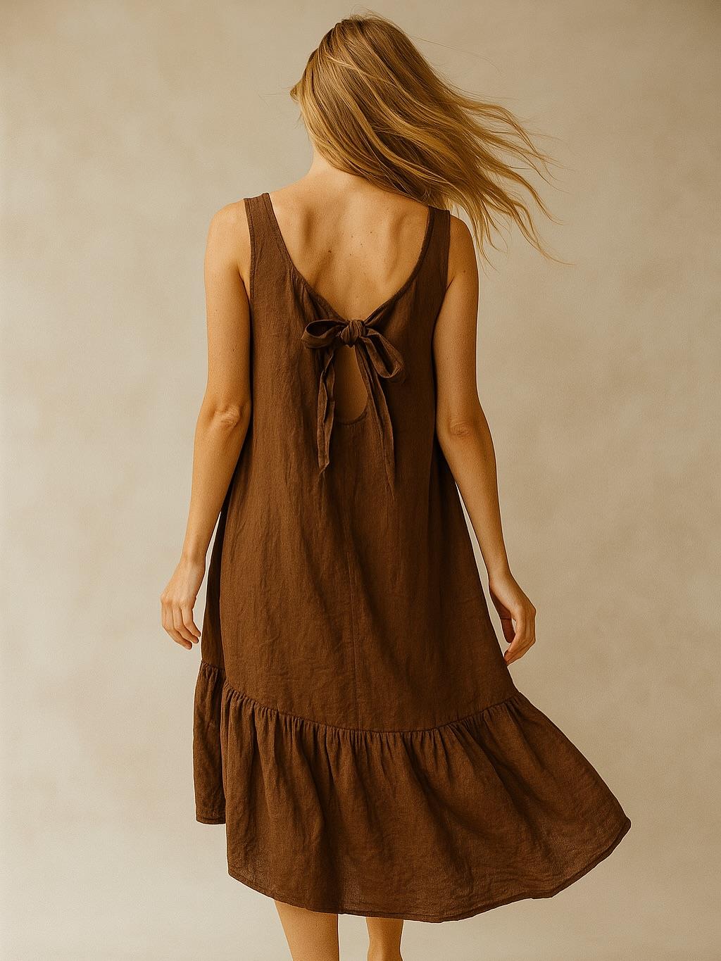 İtalyan Sırttan Bağlamalı Keten Elbise - KAHVERENGİ